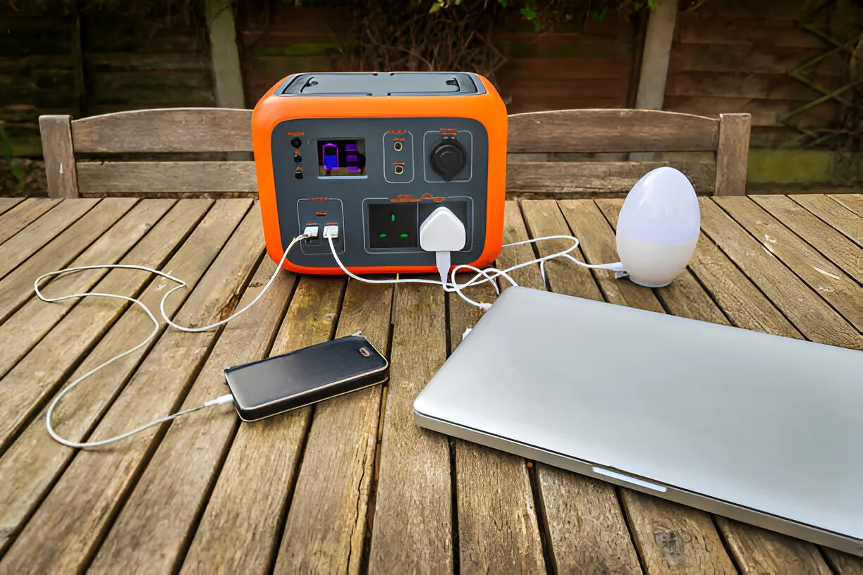 An orange portable power station sitting on a wooden table. The power station is charging several devices a mobile phone, a small white light fixture, and a closed silver laptop.